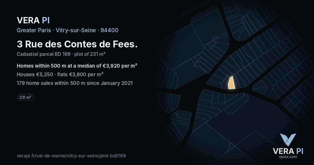 3 Rue des Contes de Fees, Vitry-sur-Seine at night – the plot lit, the parcels around coloured by the prices near them