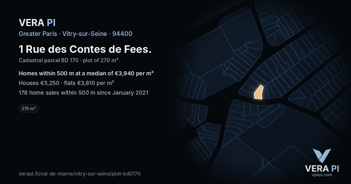 1 Rue des Contes de Fees, Vitry-sur-Seine at night – the plot lit, the parcels around coloured by the prices near them