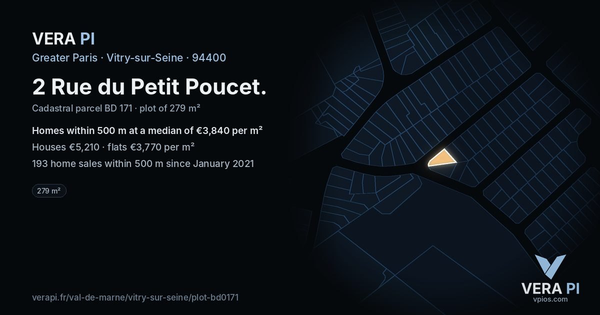 2 Rue du Petit Poucet, Vitry-sur-Seine at night – the plot lit, the parcels around coloured by the prices near them