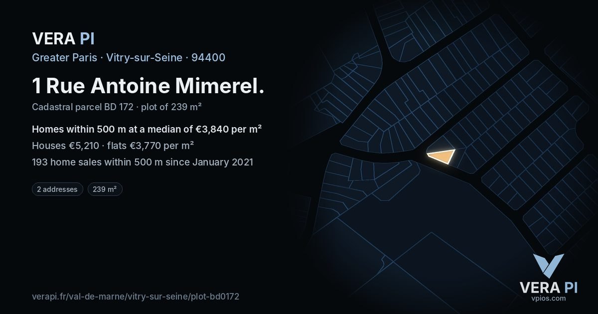 1 Rue Antoine Mimerel, Vitry-sur-Seine at night – the plot lit, the parcels around coloured by the prices near them