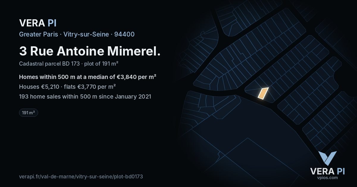3 Rue Antoine Mimerel, Vitry-sur-Seine at night – the plot lit, the parcels around coloured by the prices near them