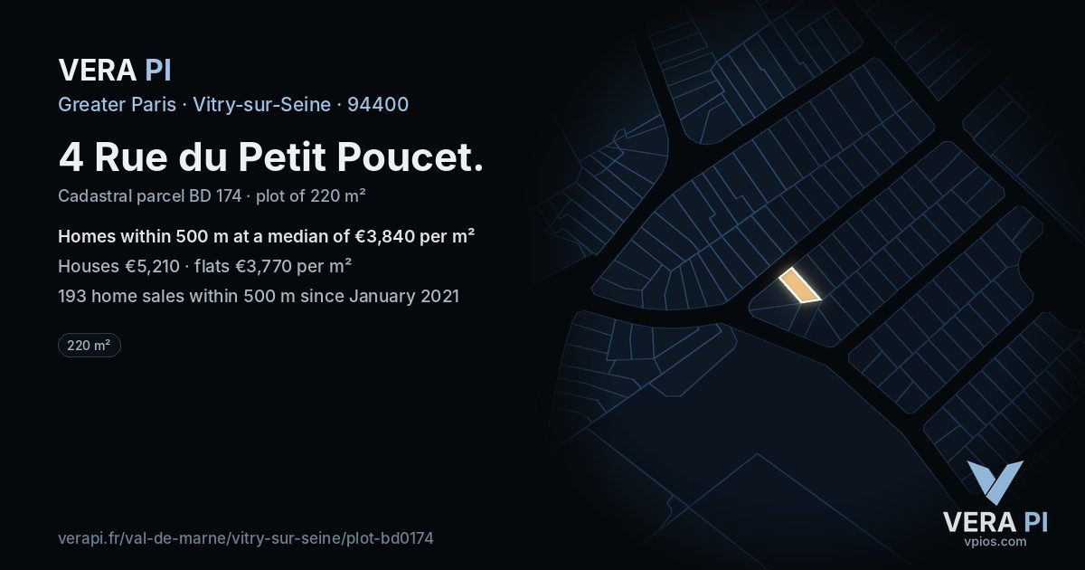 4 Rue du Petit Poucet, Vitry-sur-Seine at night – the plot lit, the parcels around coloured by the prices near them