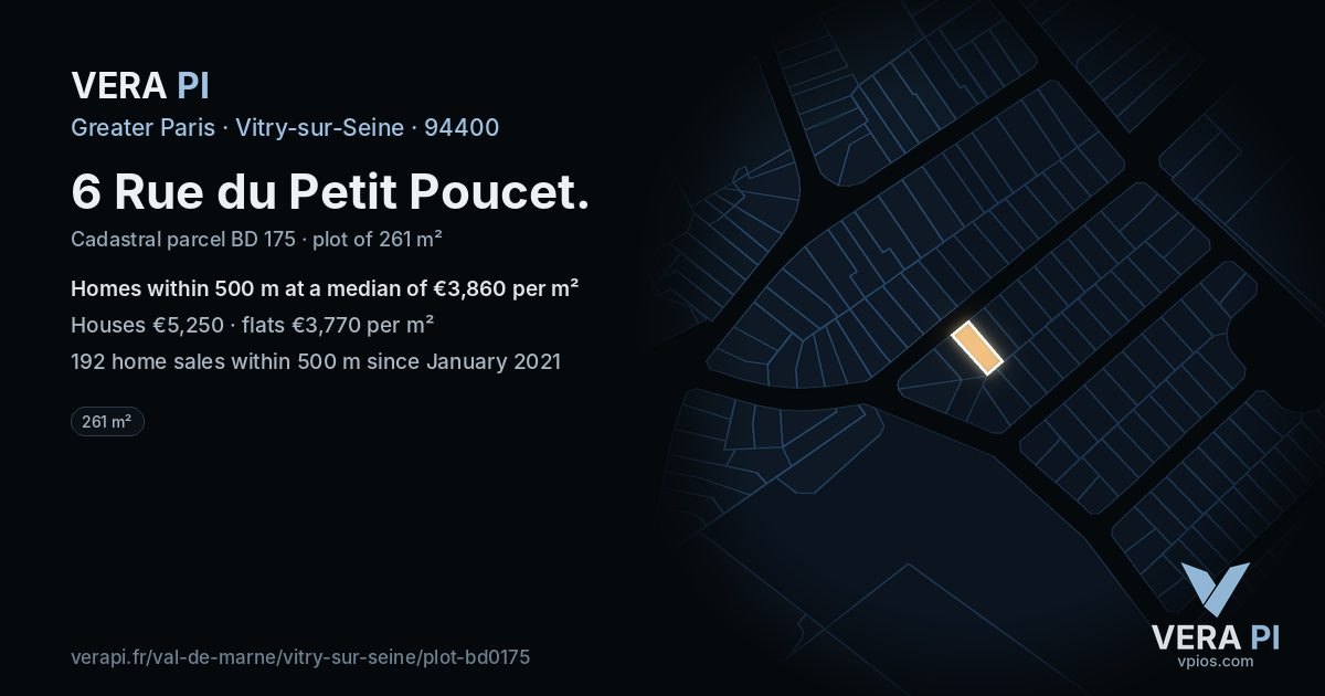 6 Rue du Petit Poucet, Vitry-sur-Seine at night – the plot lit, the parcels around coloured by the prices near them