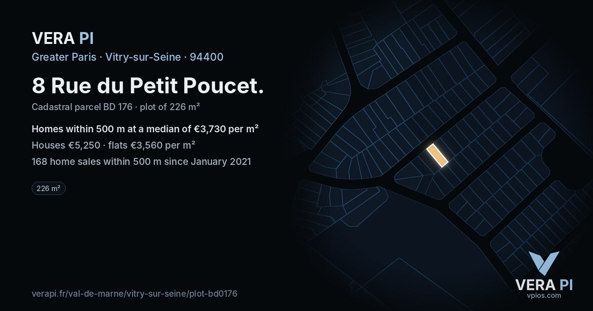 8 Rue du Petit Poucet, Vitry-sur-Seine at night – the plot lit, the parcels around coloured by the prices near them