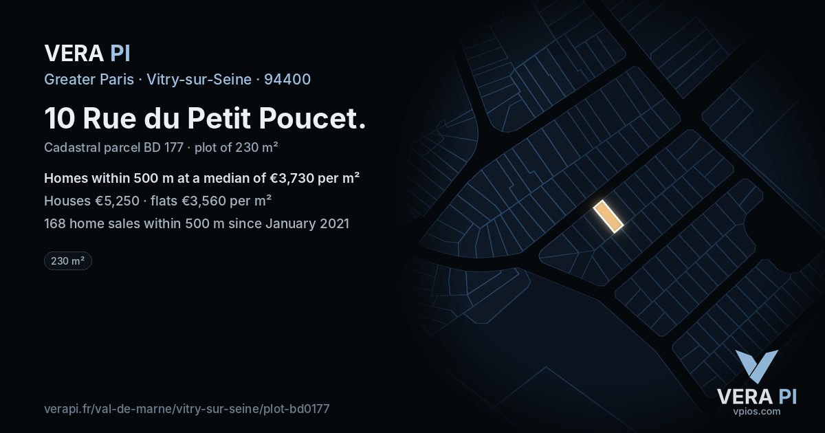10 Rue du Petit Poucet, Vitry-sur-Seine at night – the plot lit, the parcels around coloured by the prices near them