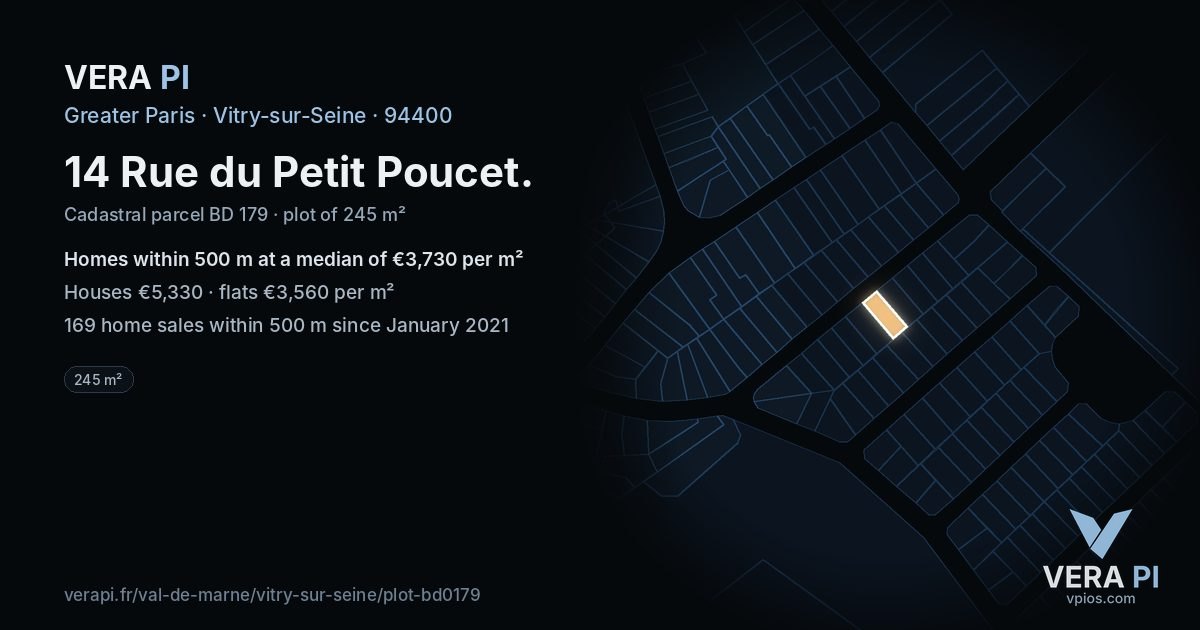 14 Rue du Petit Poucet, Vitry-sur-Seine at night – the plot lit, the parcels around coloured by the prices near them
