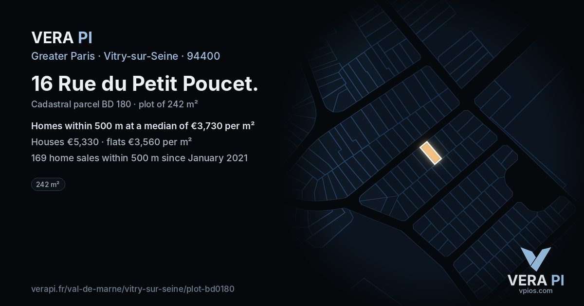 16 Rue du Petit Poucet, Vitry-sur-Seine at night – the plot lit, the parcels around coloured by the prices near them