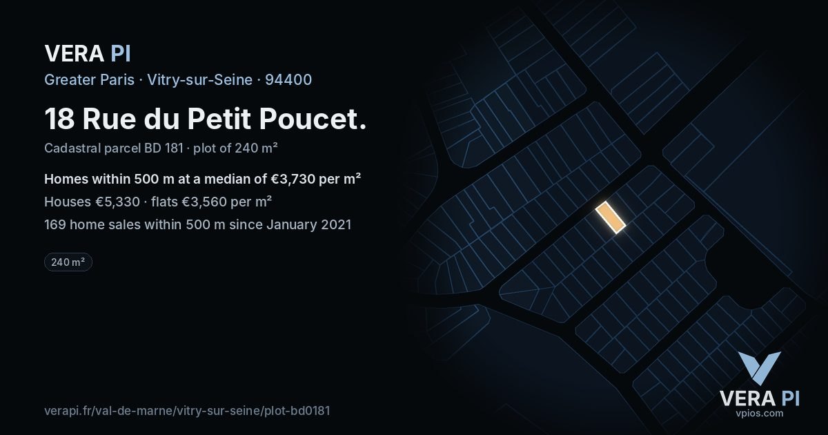 18 Rue du Petit Poucet, Vitry-sur-Seine at night – the plot lit, the parcels around coloured by the prices near them