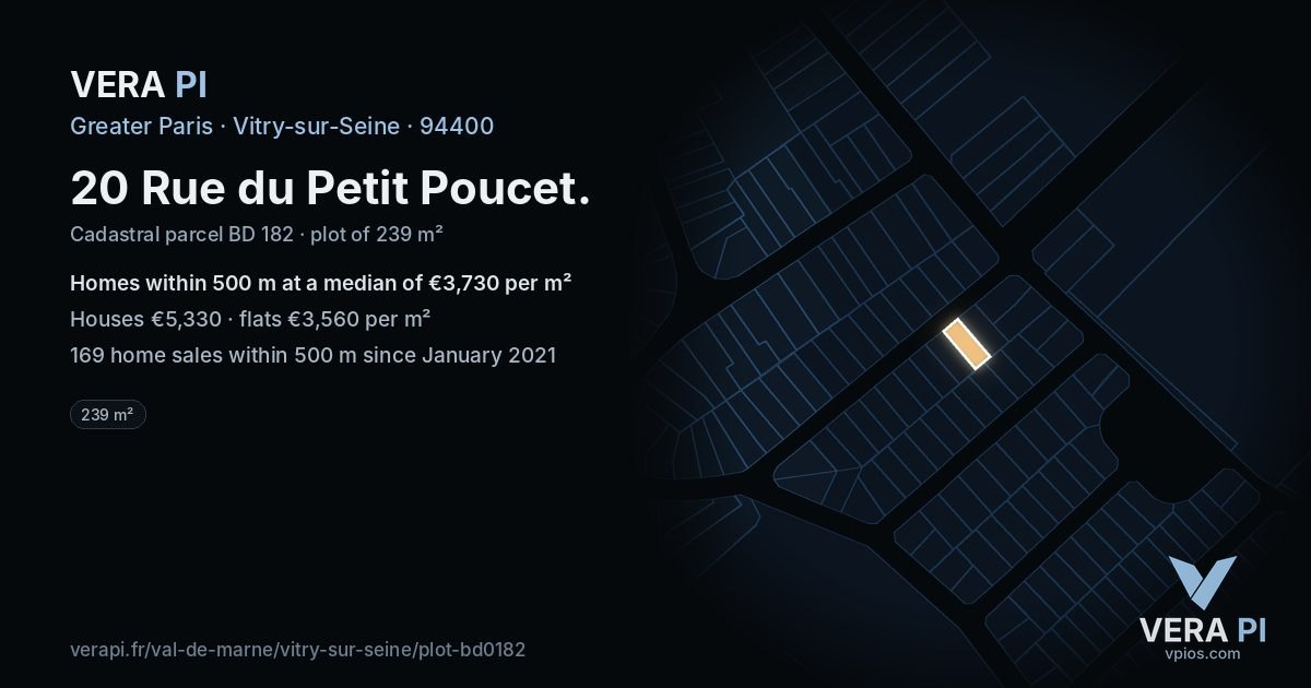 20 Rue du Petit Poucet, Vitry-sur-Seine at night – the plot lit, the parcels around coloured by the prices near them