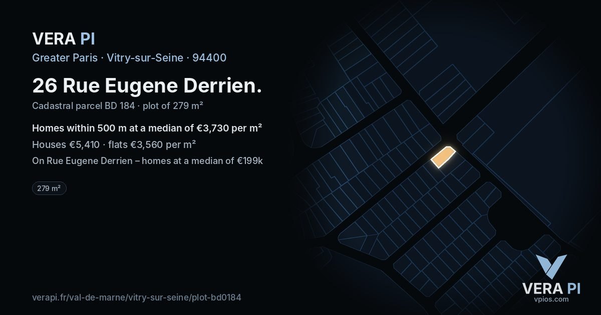 26 Rue Eugene Derrien, Vitry-sur-Seine at night – the plot lit, the parcels around coloured by the prices near them