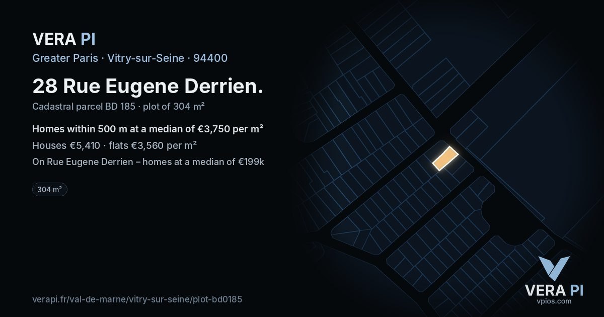 28 Rue Eugene Derrien, Vitry-sur-Seine at night – the plot lit, the parcels around coloured by the prices near them