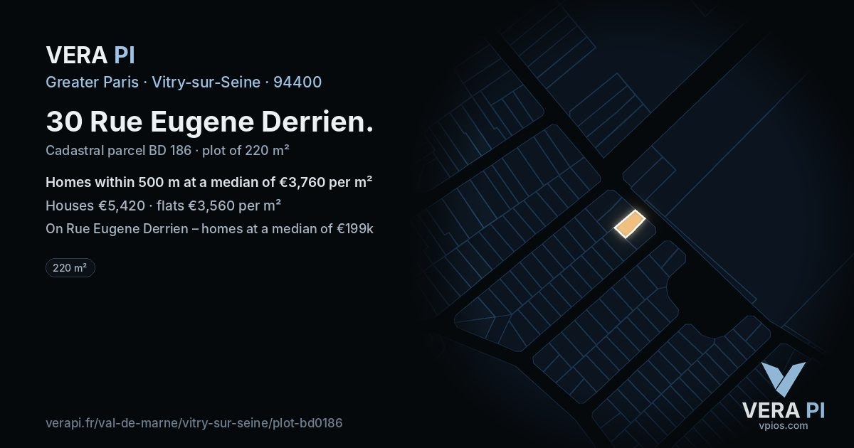 30 Rue Eugene Derrien, Vitry-sur-Seine at night – the plot lit, the parcels around coloured by the prices near them