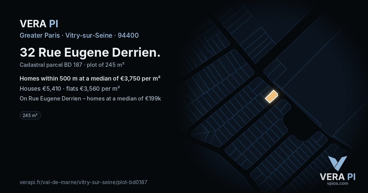 32 Rue Eugene Derrien, Vitry-sur-Seine at night – the plot lit, the parcels around coloured by the prices near them