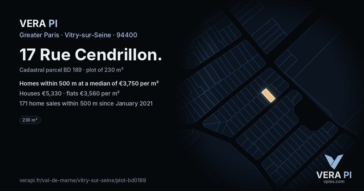 17 Rue Cendrillon, Vitry-sur-Seine at night – the plot lit, the parcels around coloured by the prices near them
