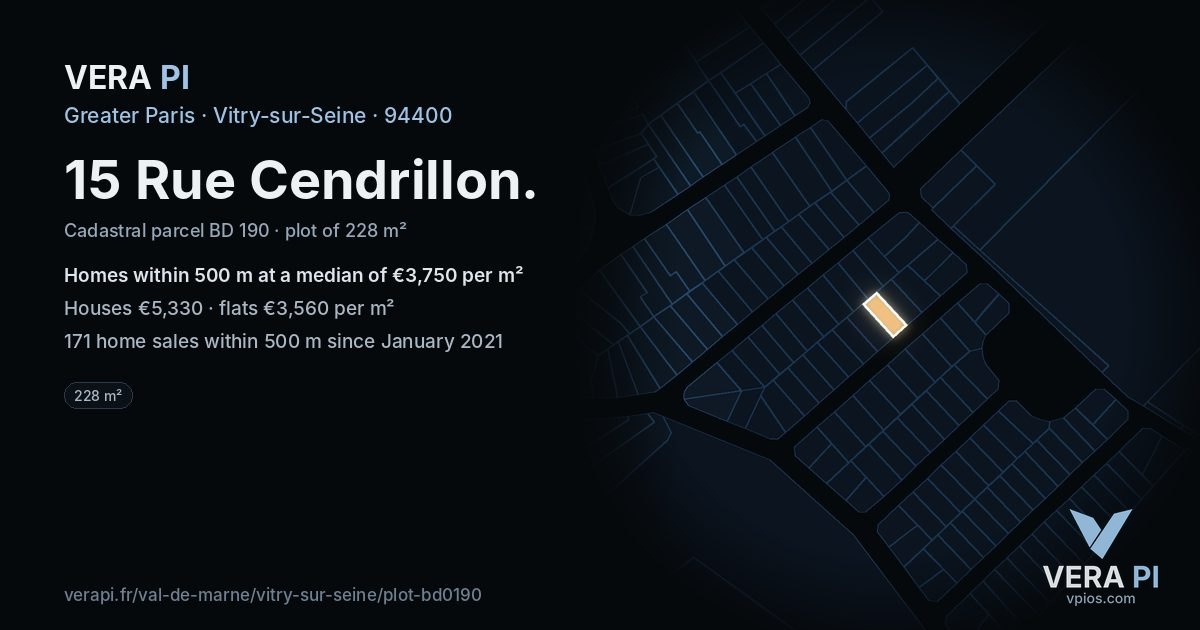 15 Rue Cendrillon, Vitry-sur-Seine at night – the plot lit, the parcels around coloured by the prices near them