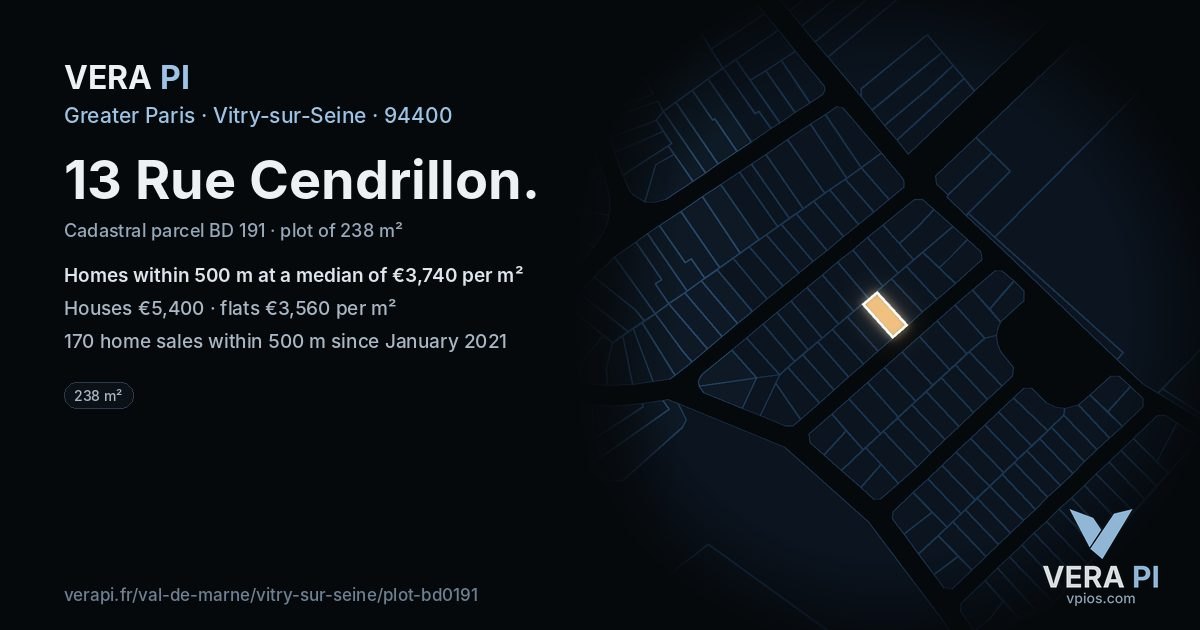 13 Rue Cendrillon, Vitry-sur-Seine at night – the plot lit, the parcels around coloured by the prices near them