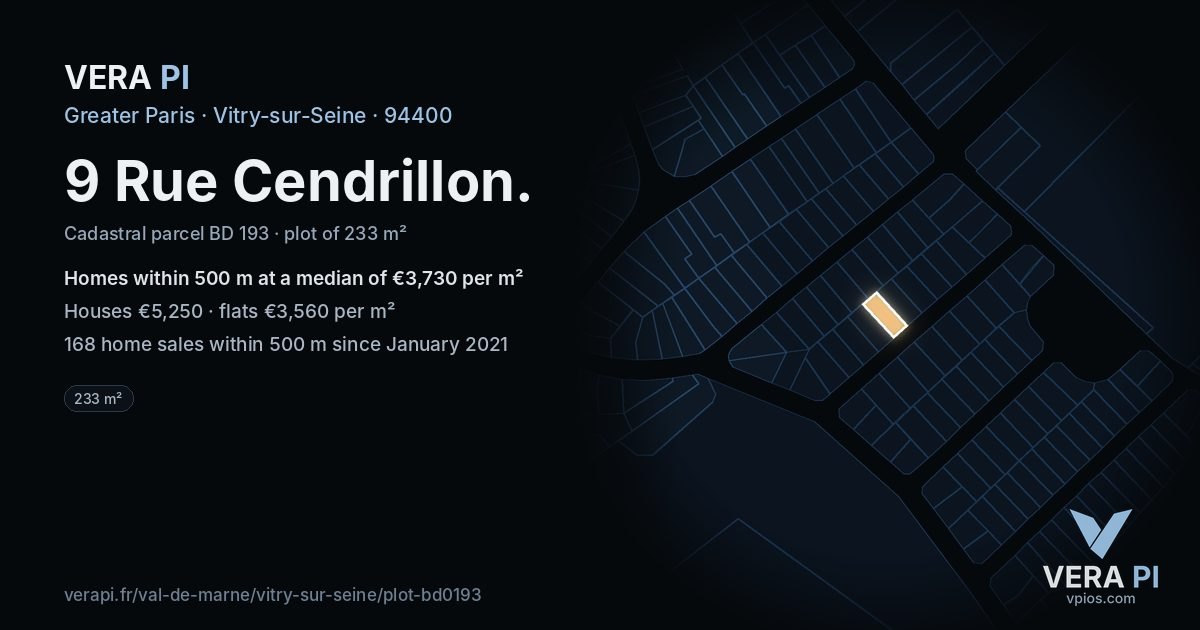 9 Rue Cendrillon, Vitry-sur-Seine at night – the plot lit, the parcels around coloured by the prices near them