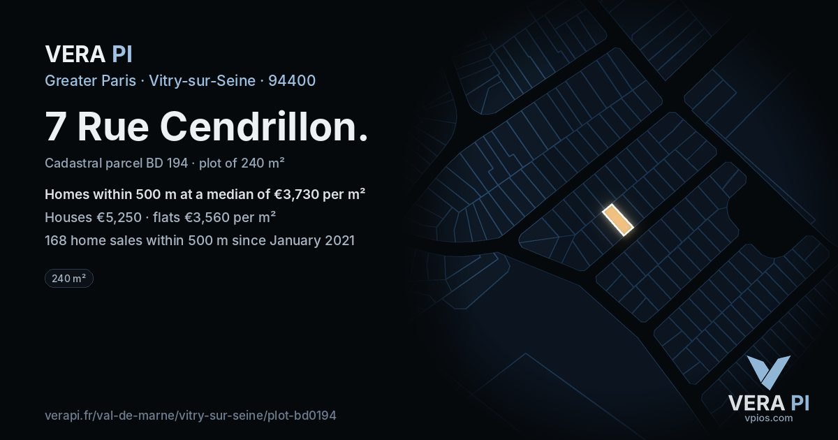 7 Rue Cendrillon, Vitry-sur-Seine at night – the plot lit, the parcels around coloured by the prices near them