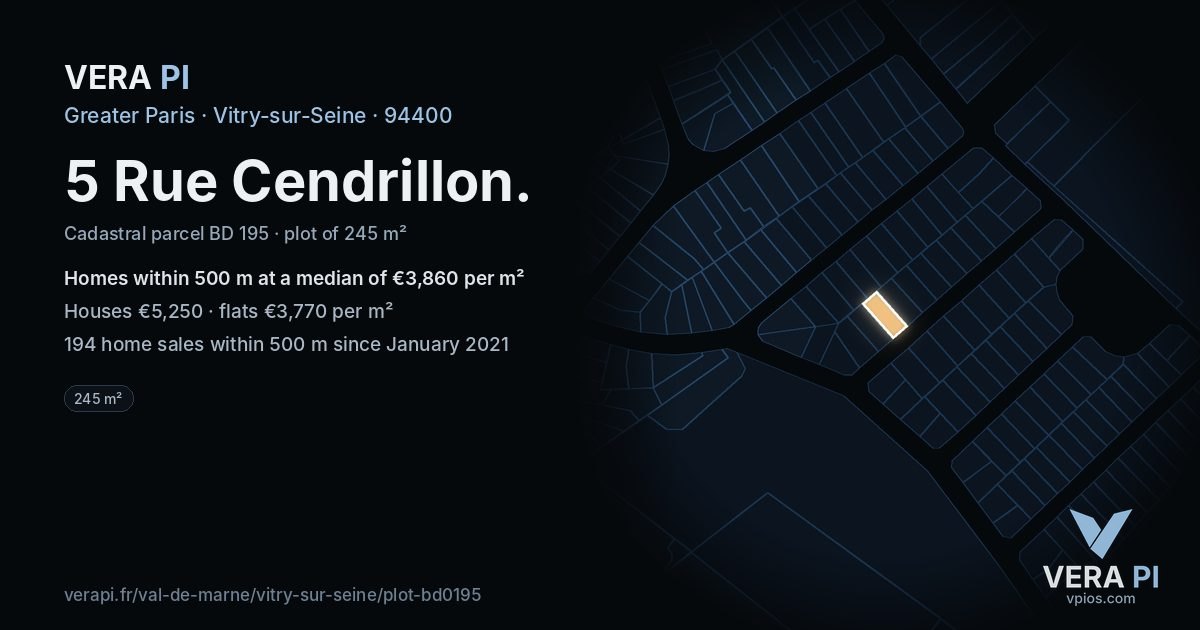 5 Rue Cendrillon, Vitry-sur-Seine at night – the plot lit, the parcels around coloured by the prices near them