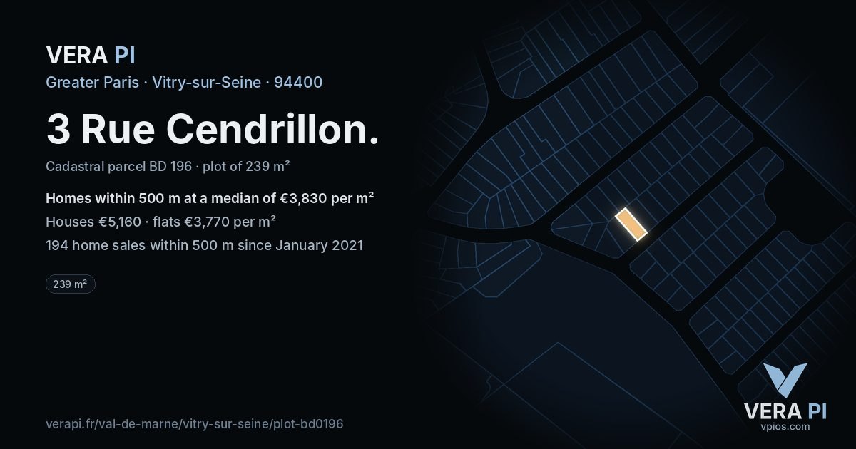 3 Rue Cendrillon, Vitry-sur-Seine at night – the plot lit, the parcels around coloured by the prices near them