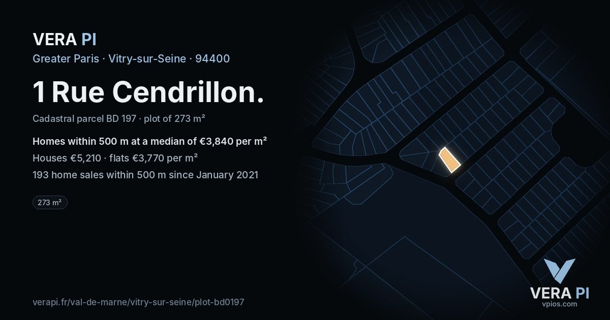 1 Rue Cendrillon, Vitry-sur-Seine at night – the plot lit, the parcels around coloured by the prices near them