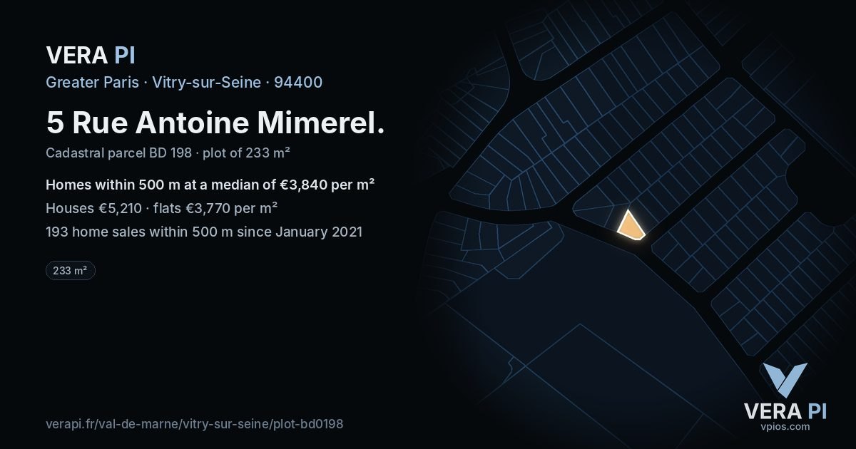 5 Rue Antoine Mimerel, Vitry-sur-Seine at night – the plot lit, the parcels around coloured by the prices near them