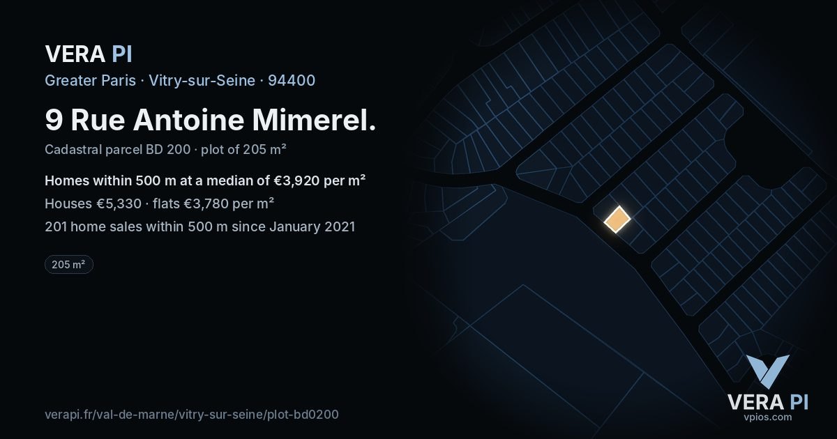 9 Rue Antoine Mimerel, Vitry-sur-Seine at night – the plot lit, the parcels around coloured by the prices near them