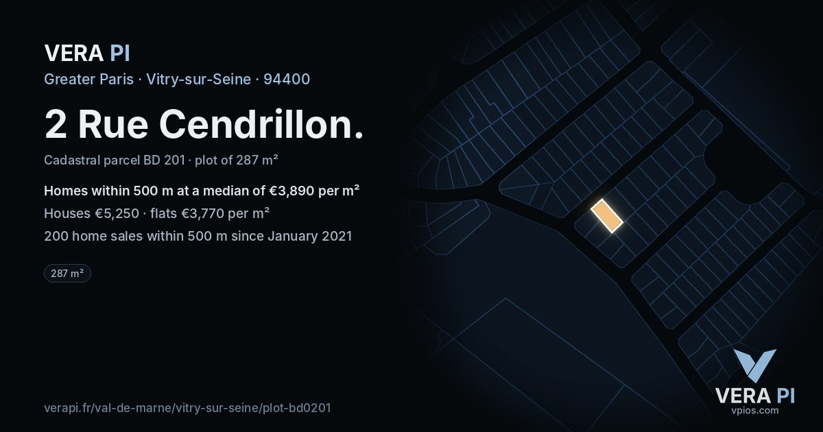 2 Rue Cendrillon, Vitry-sur-Seine at night – the plot lit, the parcels around coloured by the prices near them