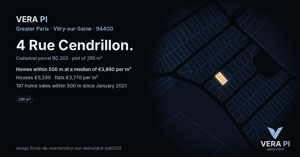 4 Rue Cendrillon, Vitry-sur-Seine at night – the plot lit, the parcels around coloured by the prices near them