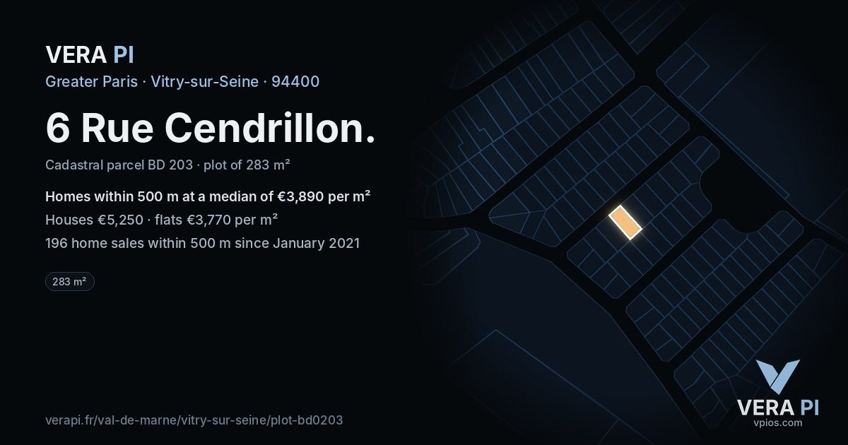 6 Rue Cendrillon, Vitry-sur-Seine at night – the plot lit, the parcels around coloured by the prices near them