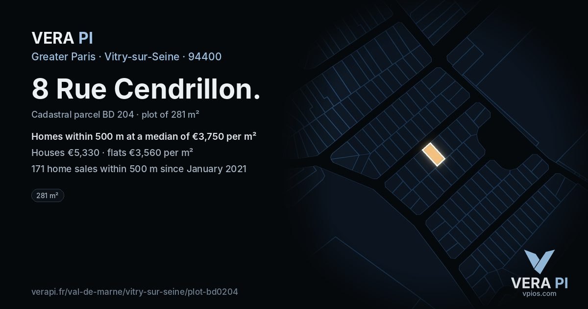 8 Rue Cendrillon, Vitry-sur-Seine at night – the plot lit, the parcels around coloured by the prices near them