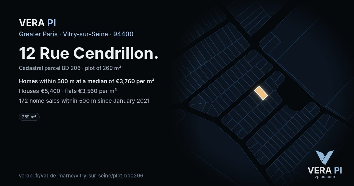12 Rue Cendrillon, Vitry-sur-Seine at night – the plot lit, the parcels around coloured by the prices near them