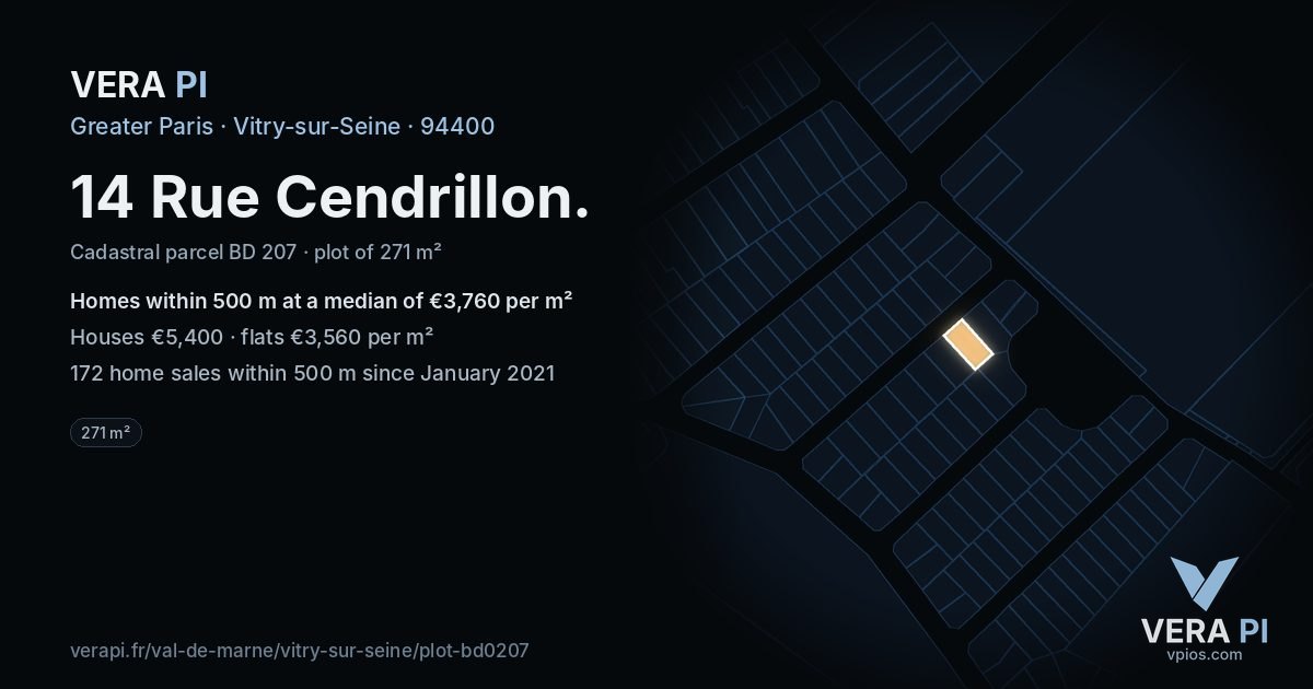 14 Rue Cendrillon, Vitry-sur-Seine at night – the plot lit, the parcels around coloured by the prices near them