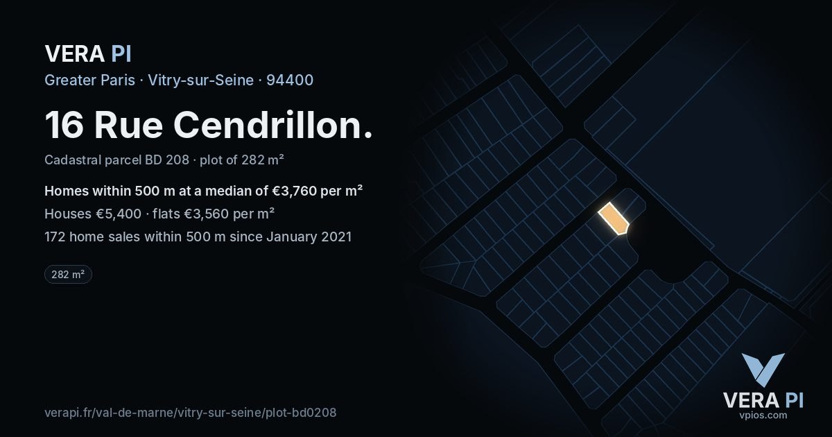 16 Rue Cendrillon, Vitry-sur-Seine at night – the plot lit, the parcels around coloured by the prices near them