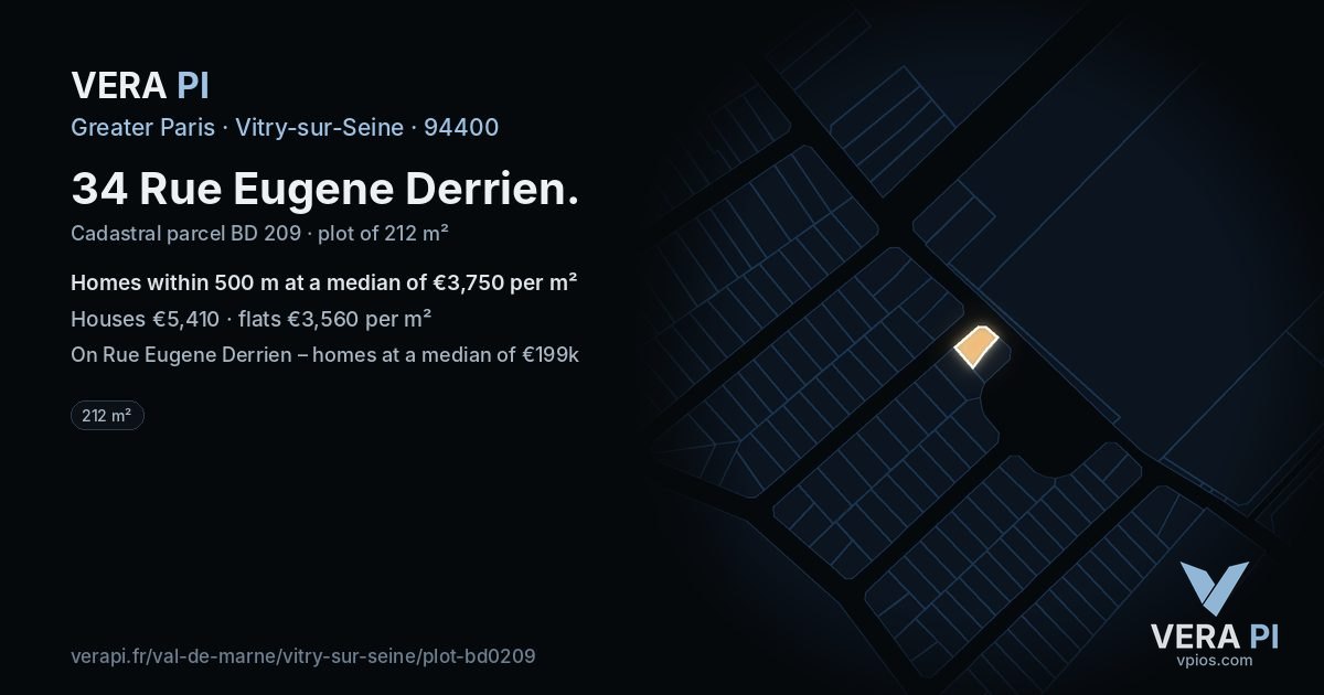 34 Rue Eugene Derrien, Vitry-sur-Seine at night – the plot lit, the parcels around coloured by the prices near them