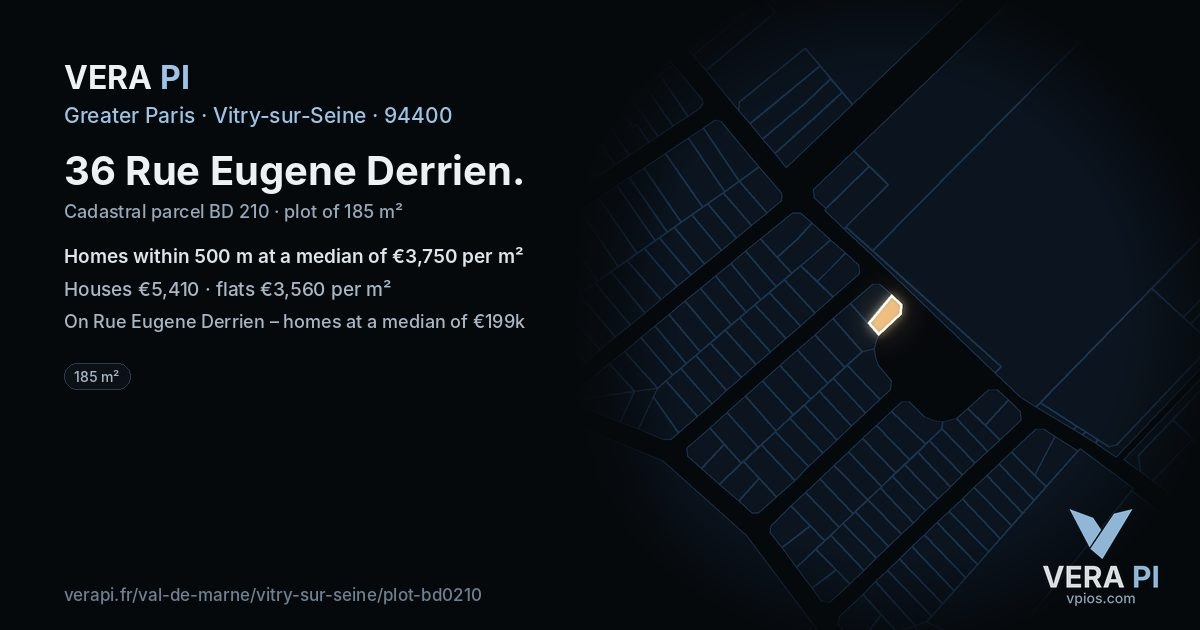 36 Rue Eugene Derrien, Vitry-sur-Seine at night – the plot lit, the parcels around coloured by the prices near them