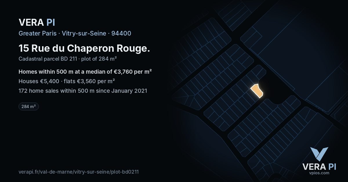 15 Rue du Chaperon Rouge, Vitry-sur-Seine at night – the plot lit, the parcels around coloured by the prices near them