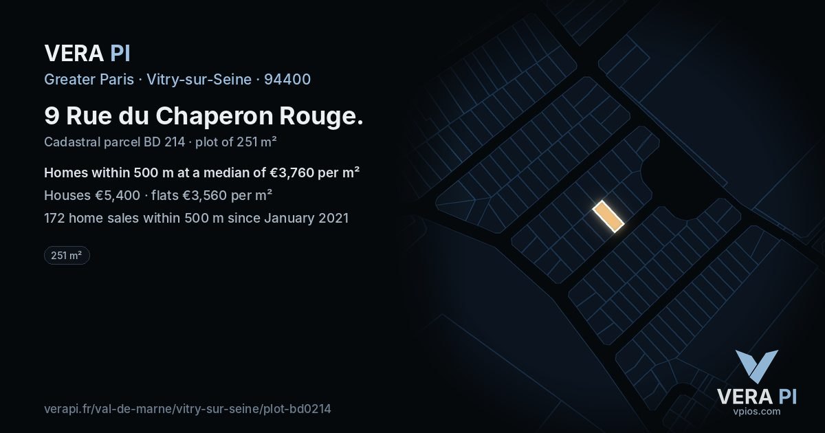 9 Rue du Chaperon Rouge, Vitry-sur-Seine at night – the plot lit, the parcels around coloured by the prices near them
