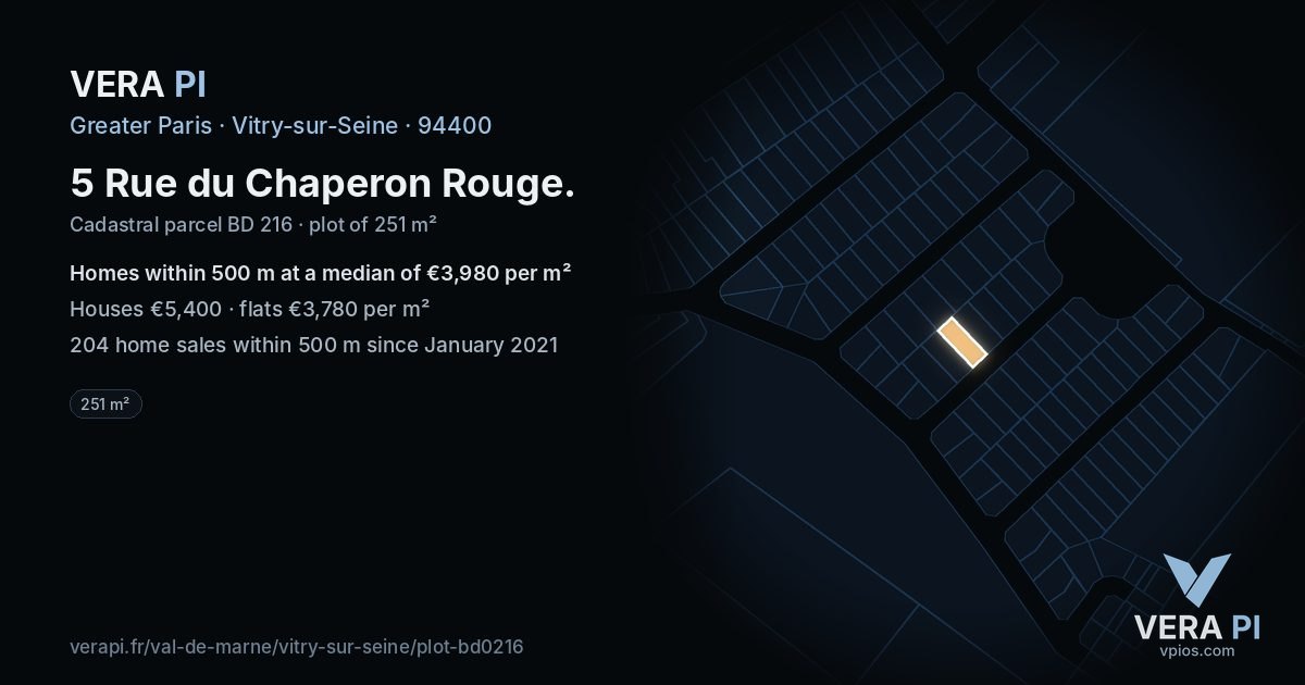 5 Rue du Chaperon Rouge, Vitry-sur-Seine at night – the plot lit, the parcels around coloured by the prices near them