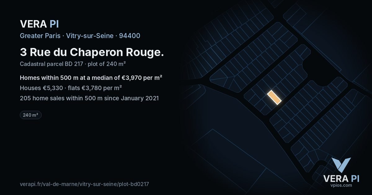3 Rue du Chaperon Rouge, Vitry-sur-Seine at night – the plot lit, the parcels around coloured by the prices near them