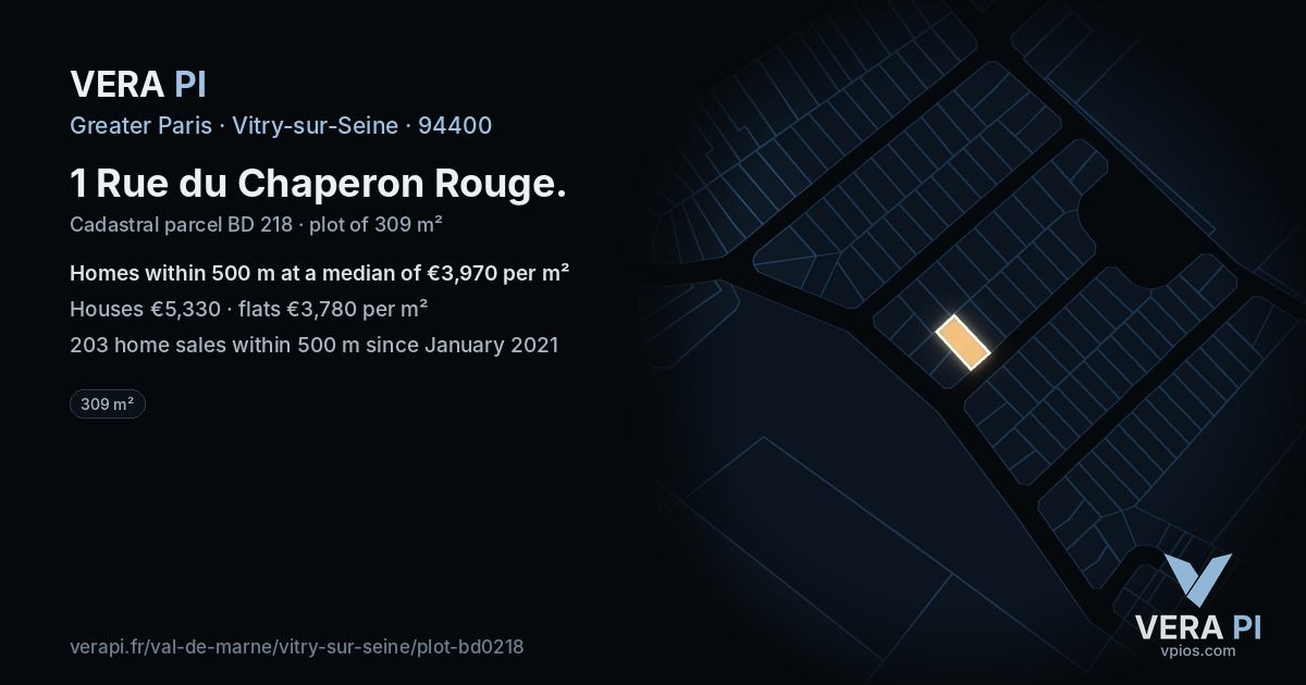 1 Rue du Chaperon Rouge, Vitry-sur-Seine at night – the plot lit, the parcels around coloured by the prices near them