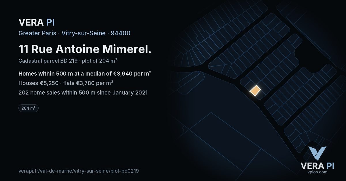 11 Rue Antoine Mimerel, Vitry-sur-Seine at night – the plot lit, the parcels around coloured by the prices near them
