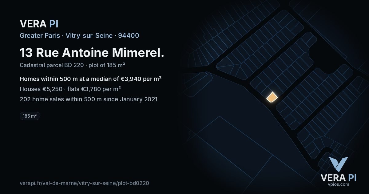 13 Rue Antoine Mimerel, Vitry-sur-Seine at night – the plot lit, the parcels around coloured by the prices near them