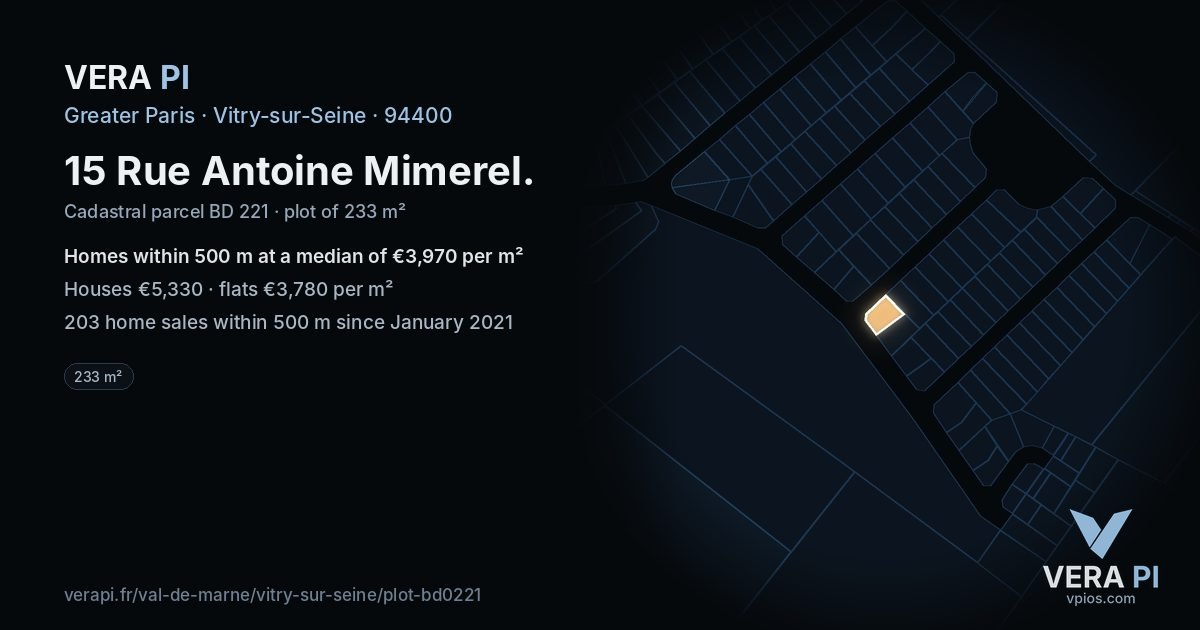 15 Rue Antoine Mimerel, Vitry-sur-Seine at night – the plot lit, the parcels around coloured by the prices near them