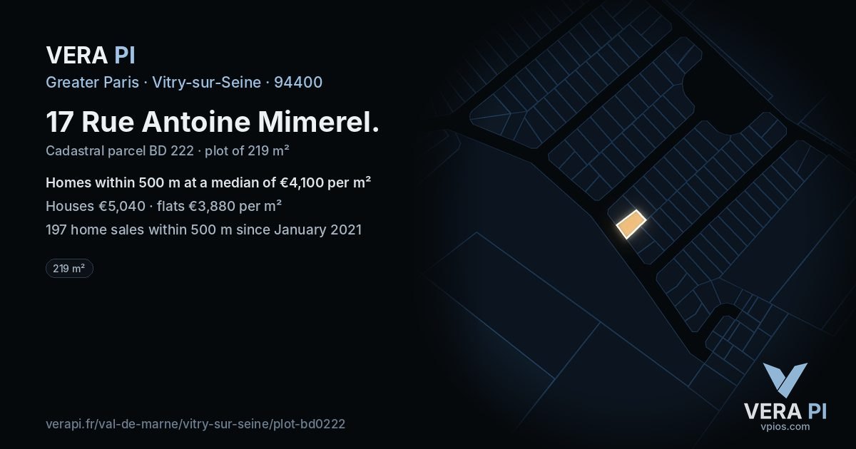 17 Rue Antoine Mimerel, Vitry-sur-Seine at night – the plot lit, the parcels around coloured by the prices near them