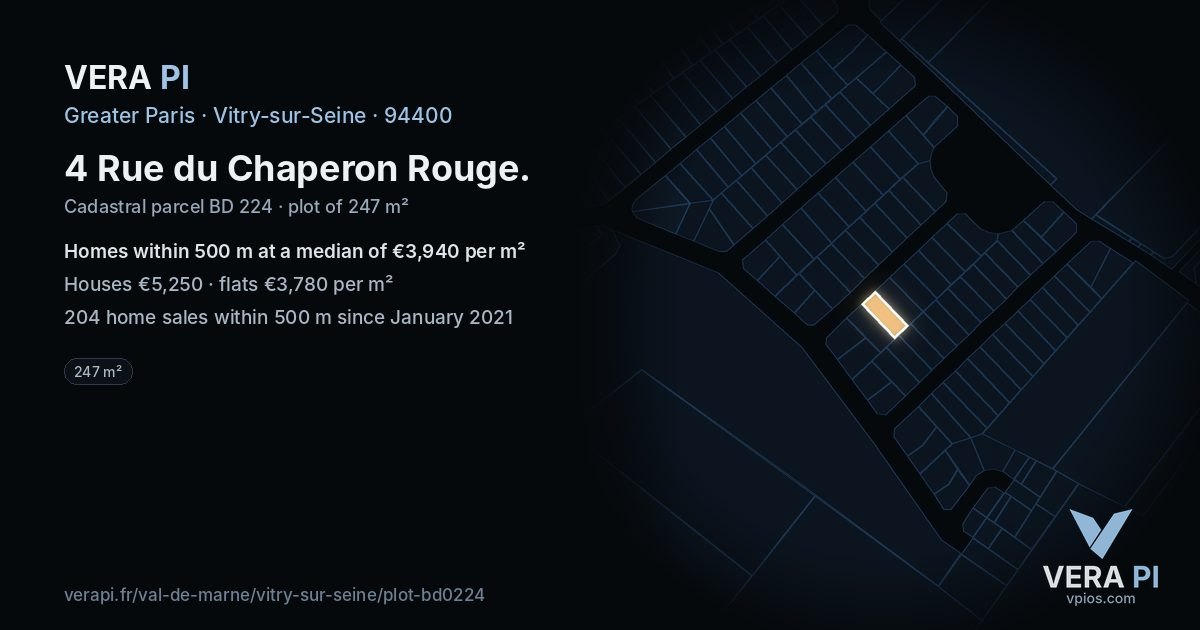 4 Rue du Chaperon Rouge, Vitry-sur-Seine at night – the plot lit, the parcels around coloured by the prices near them