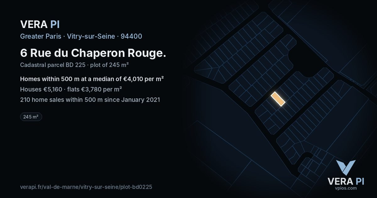 6 Rue du Chaperon Rouge, Vitry-sur-Seine at night – the plot lit, the parcels around coloured by the prices near them