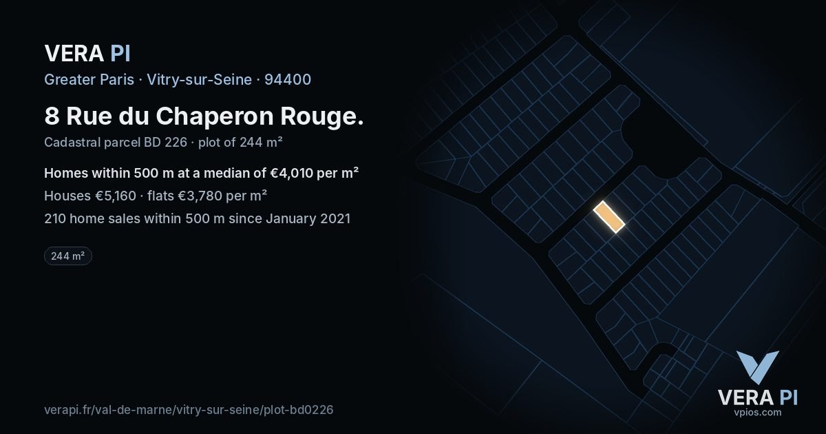 8 Rue du Chaperon Rouge, Vitry-sur-Seine at night – the plot lit, the parcels around coloured by the prices near them
