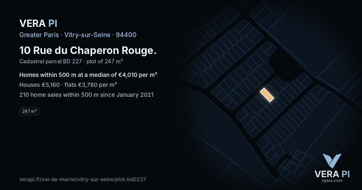 10 Rue du Chaperon Rouge, Vitry-sur-Seine at night – the plot lit, the parcels around coloured by the prices near them
