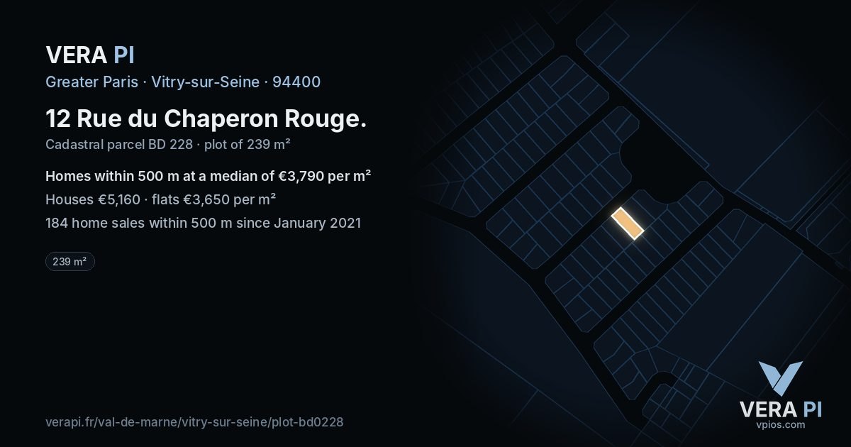 12 Rue du Chaperon Rouge, Vitry-sur-Seine at night – the plot lit, the parcels around coloured by the prices near them